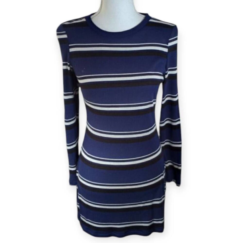 H&M NAVY, BLACK & WHITE STRIPE BODYCON DRESS SZ.6 EUC.
